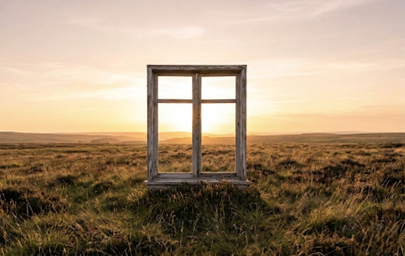 Leeg houten raam in een veld bij zonsondergang