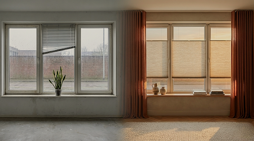 Kamer voor en na: links zonder raamdecoratie, rechts met plissé en overgordijnen